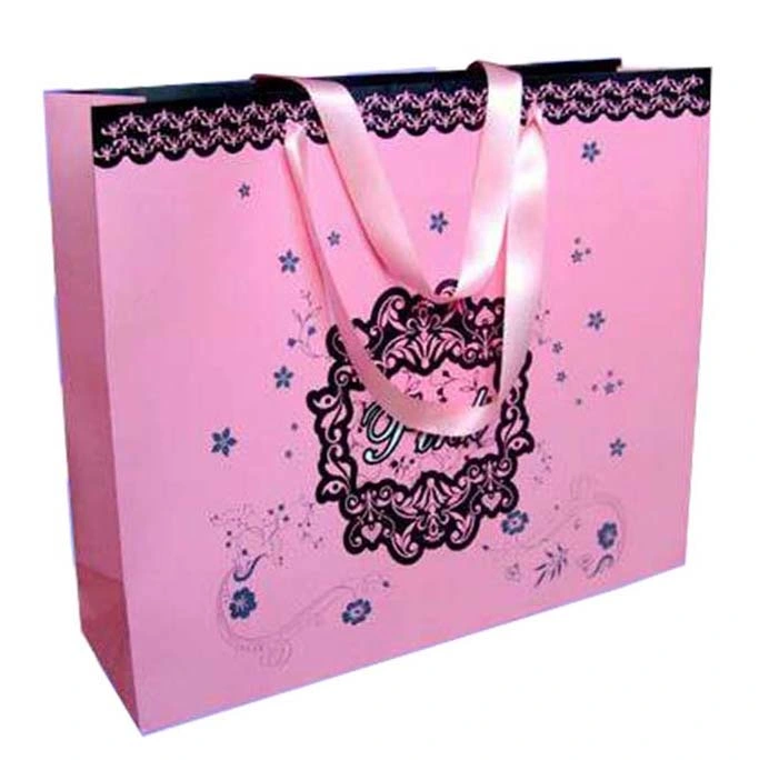 Free Sample Custom Logo Luxury Pink Cardboard Paper Bag with Ribbon Handle